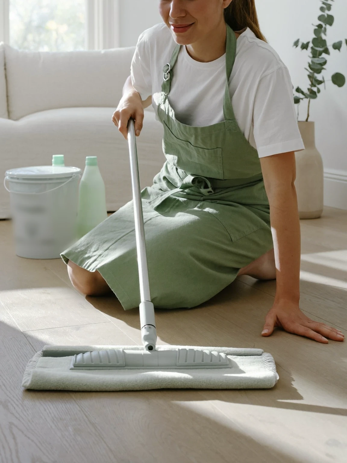 A cleaner in a sage apron mopping a sunlit oak floor beside a white sofa